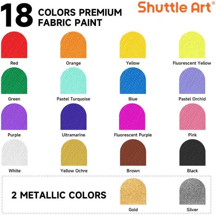 Metallic Fabric Paint, Shuttle Art 18 Metallic Colors Permanent Soft Fabric Paint in Bottles (60ml/2oz) with Brush and Stencils, Non-Toxic Textile Paint for T-shirts, Shoes, Jeans, Bags & DIY Projects