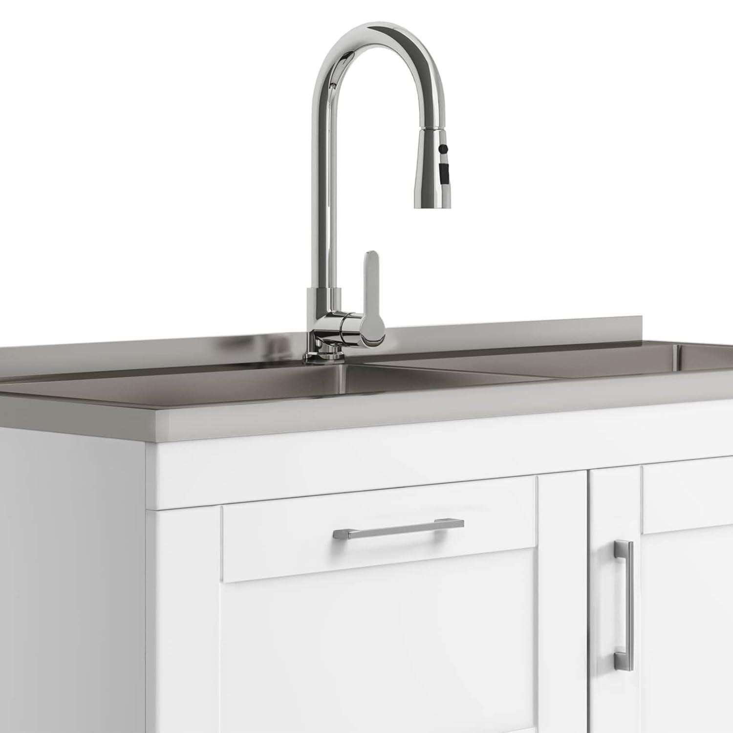 Modern Wide Shaker 46"W Utility Sink & Laundry Cabinet with High-Arc Facet and Stainless Steel Sink, White