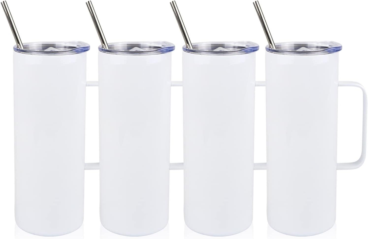 20 oz White Stainless Steel Sublimation Tumblers with Metal Straw (4-Pack)