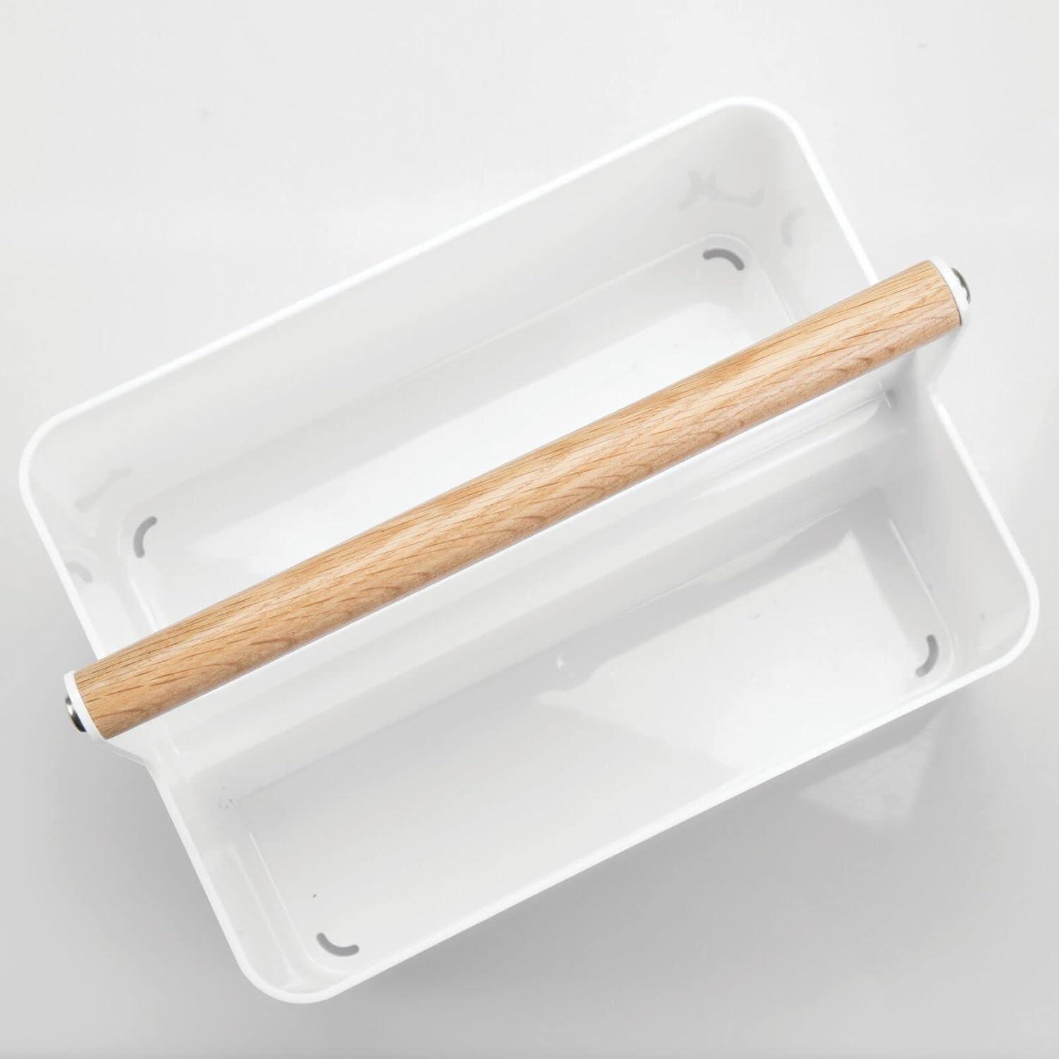 mDesign Plastic Portable Shower Caddy Divided Basket Bin Storage Organizer with Bamboo Handle for Bathroom, Dorm, Shelf & Cabinet Holds Shampoo, Conditioner - Aura Collection, White/Natural