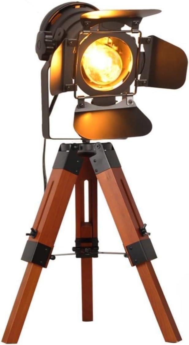 Modern Industrial Vintage Tripod Floor Table Lamp - Metal Wooden Nautical Cinema Standing Searchlight - Reading Light for Living Room Movie Theatre Decoration Adjustable Height (excluding Bulb)