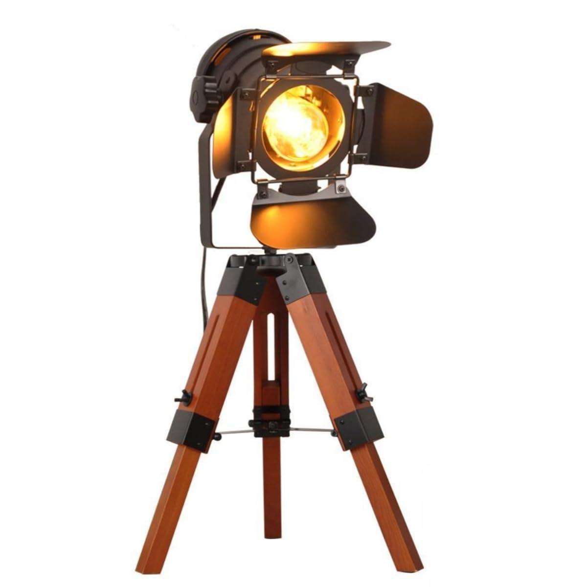 Modern Industrial Vintage Tripod Floor Table Lamp - Metal Wooden Nautical Cinema Standing Searchlight - Reading Light for Living Room Movie Theatre Decoration Adjustable Height (excluding Bulb)