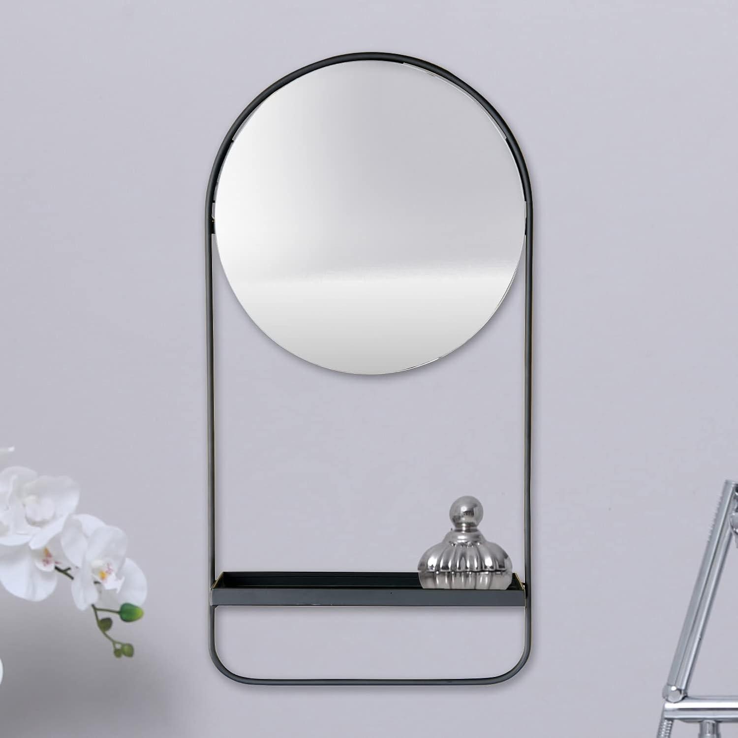 Storied Home Round Floating Metal Framed Wall Mirror with Shelf, Black