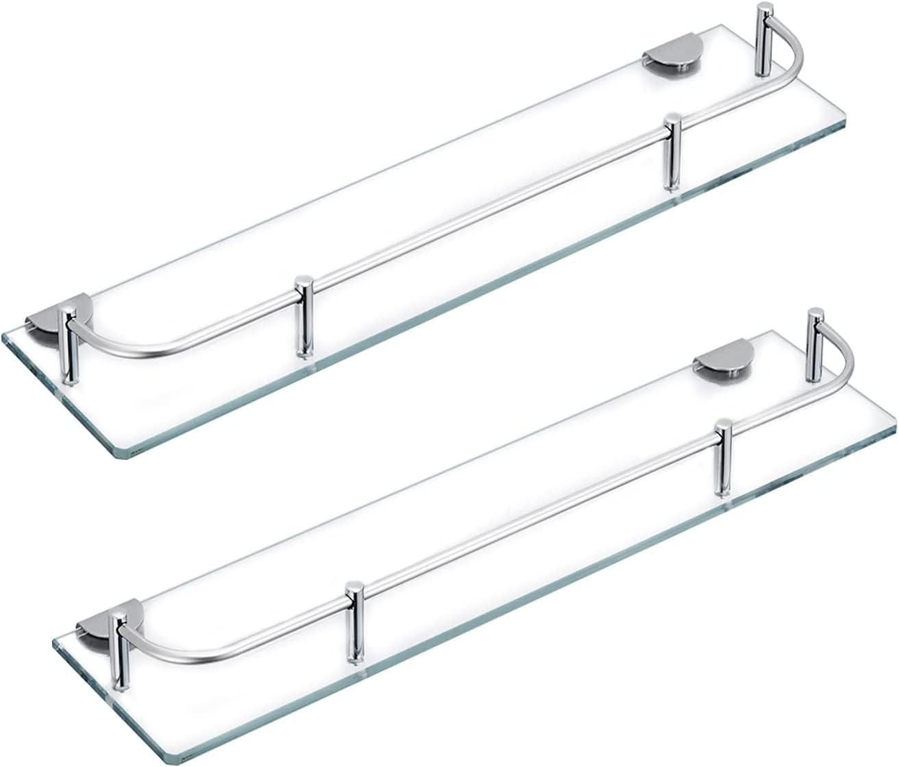Glass Bathroom Shelves, Rectangular Tempered Glass Floating Shelves for Wall with 304 Stainless Steel Rail and Zinc Alloy Bracket, 2 Pack