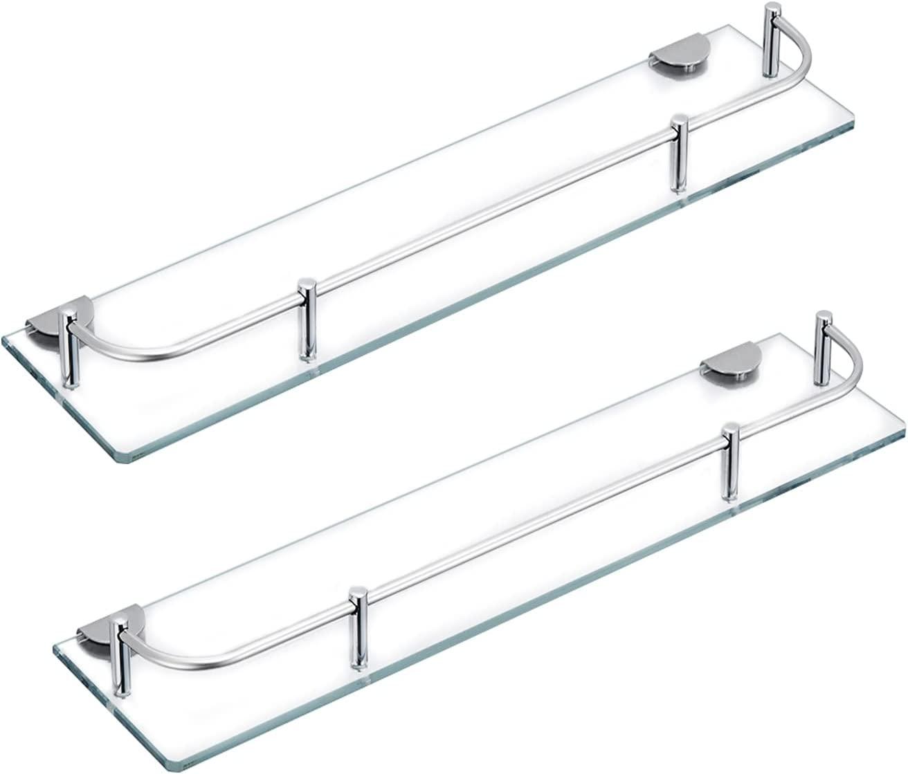 Glass Bathroom Shelves, Rectangular Tempered Glass Floating Shelves for Wall with 304 Stainless Steel Rail and Zinc Alloy Bracket, 2 Pack
