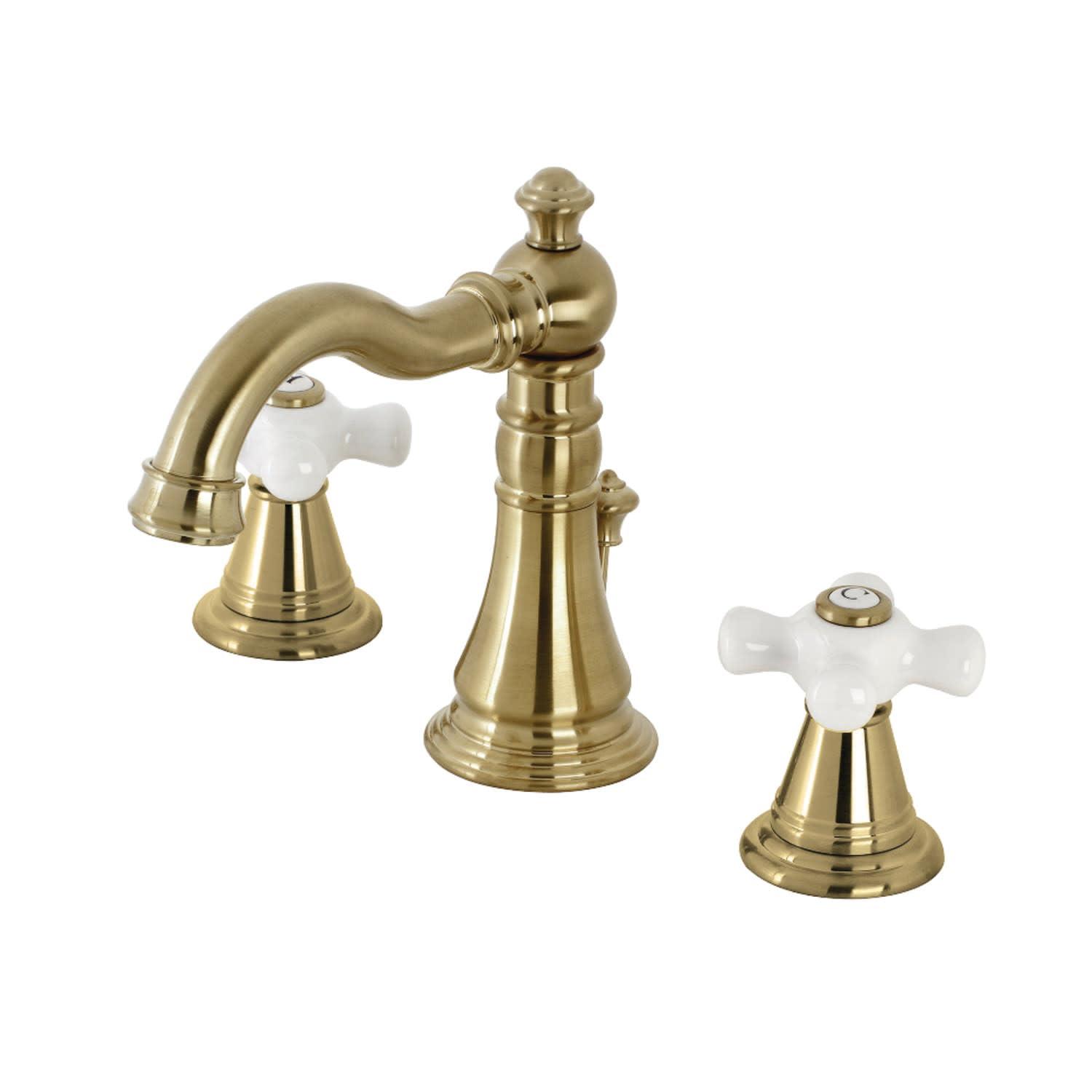 Kingston Brass American Classic Two-Handle 3-Hole Deck Mount Widespread Bathroom Faucet with Pop-Up Drain