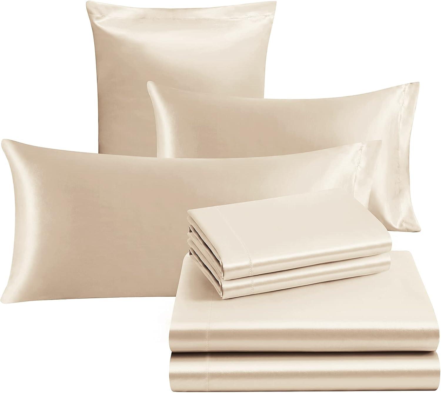 Luxury Beige Satin Queen Deep Pocket 7-Piece Sheet Set