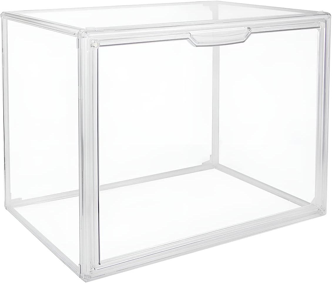 Clear Stackable Plastic Storage Bins with Magnetic Lid, Dustproof Book & Cosmetic Display Cases, Large Figures Collectibles Showcase, Shoe Box, Protection Organizer (Transparent, L-3 Pack)