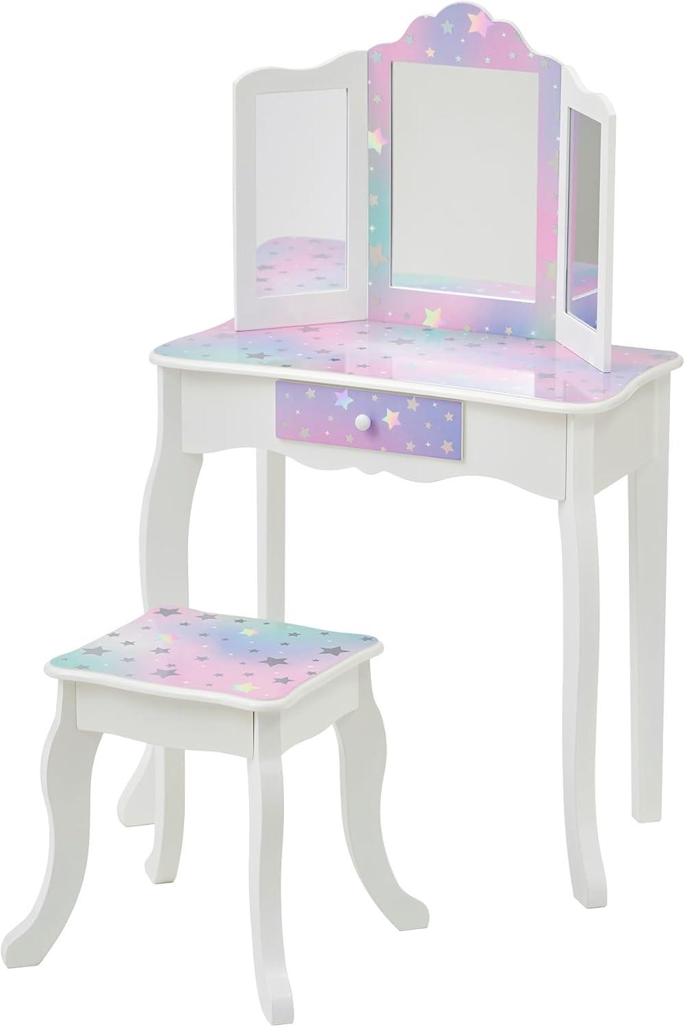 Gisele Starry Sky Kids Vanity Table with Stool, White and Iridescent