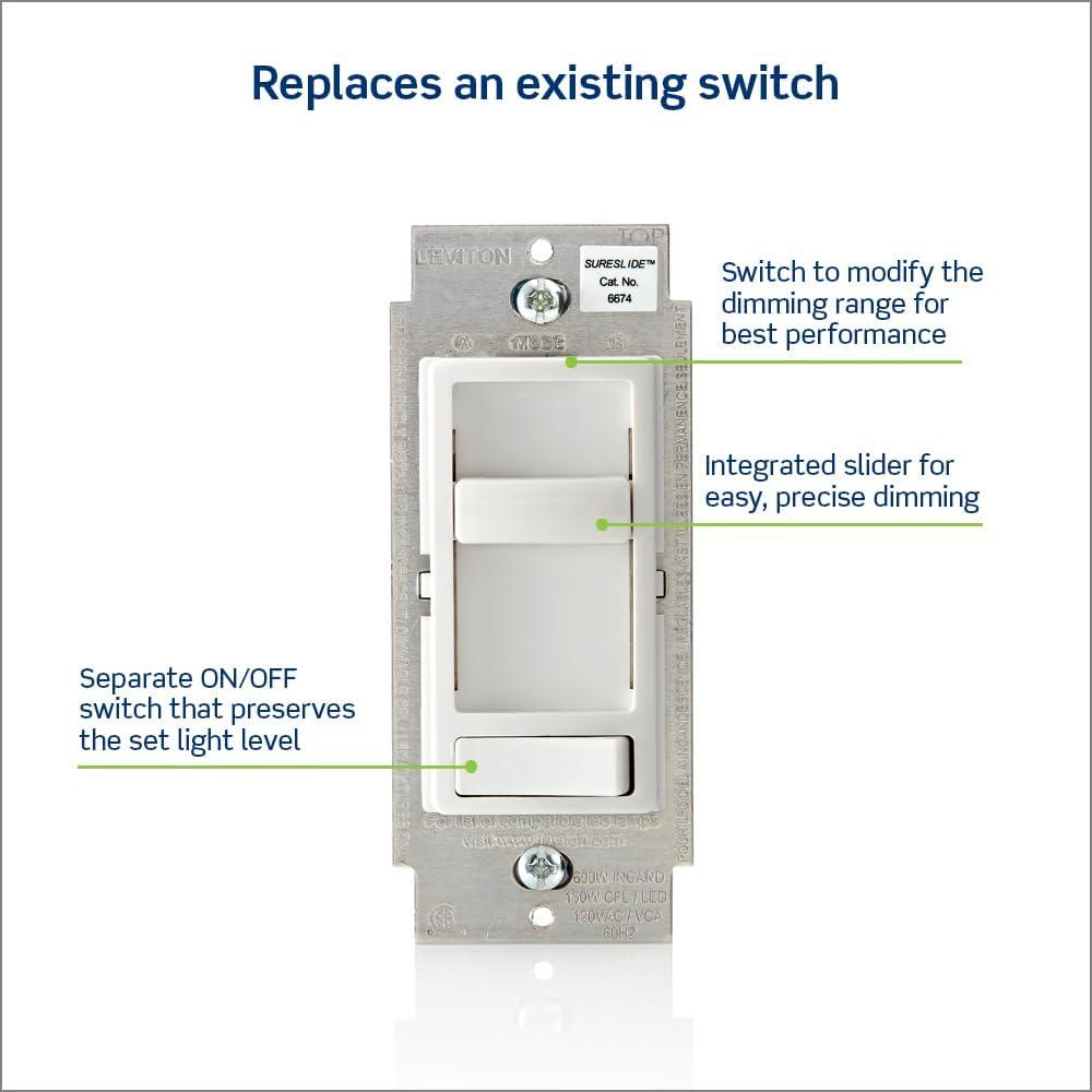 Leviton 6674-P0T SureSlide Universal 150-Watt LED and CFL/600-Watt Incandescent Dimmer, Light Almond