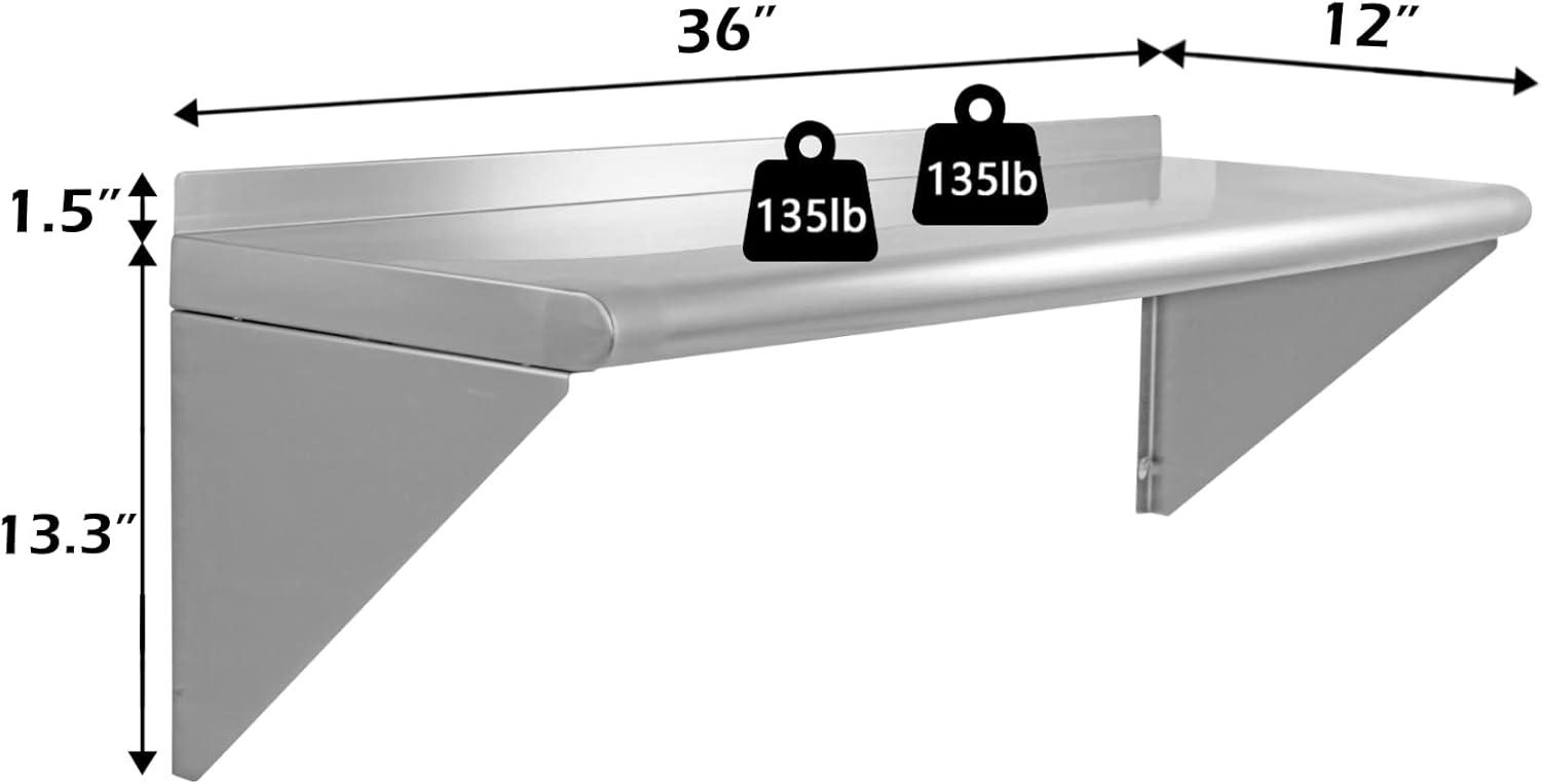 KUTLER Stainless Steel Shelf, NSF Commercial Wall Mount Shelves w/ Backsplash, Floating Metal Mounted Shelving for Restaurant, Kitchen, Home