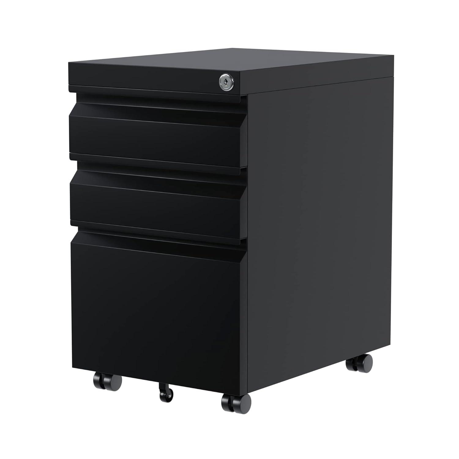 MIIIKO File Cabinet 3 Drawers on Wheels Under Desk, Black Metal Rolling File Cabinets with Lock for Home Office, Un-Assembled Filing Cabinet with Lock