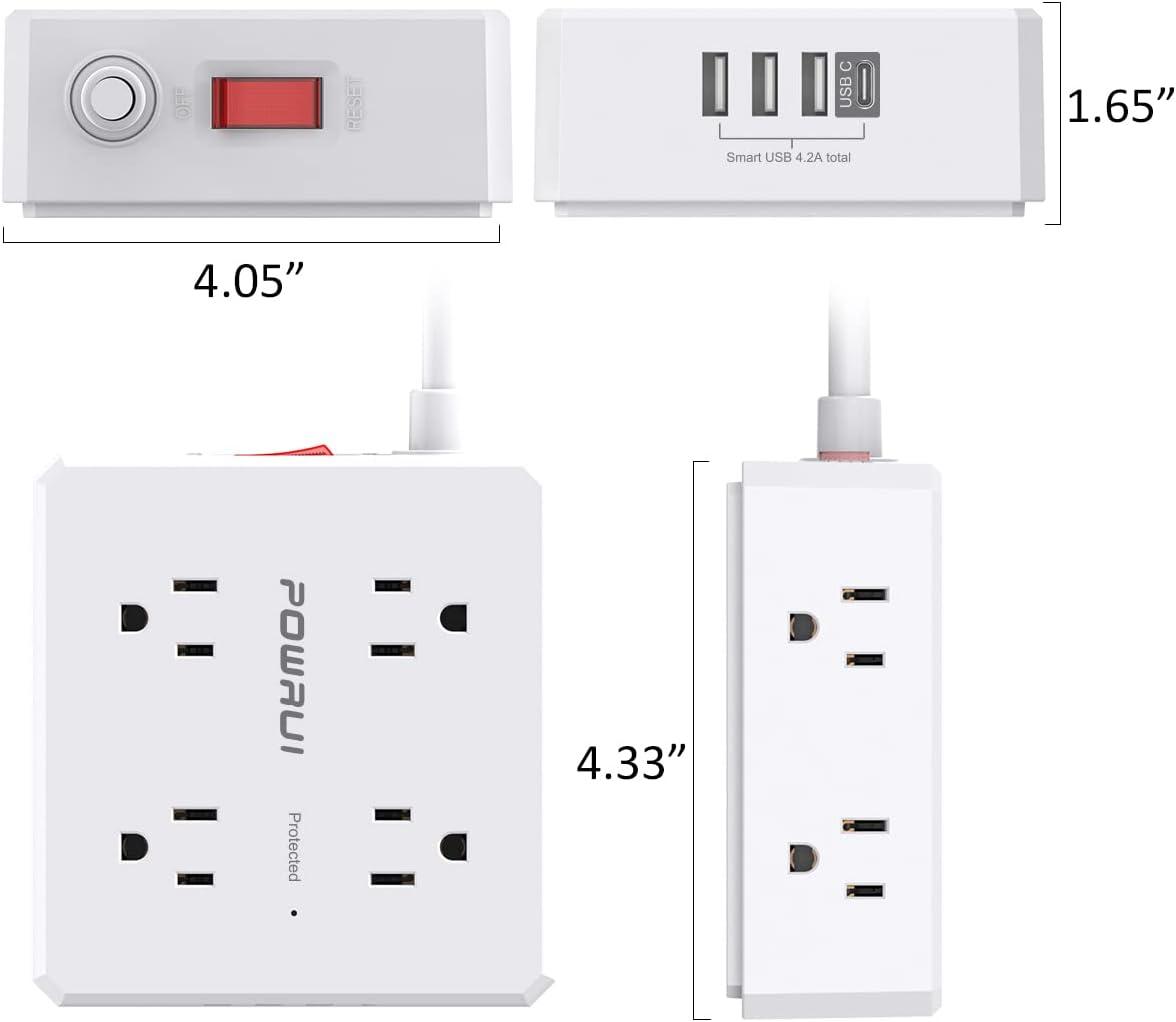 Surge Protector Power Strip - 6 Ft Flat Plug Extension Cord with 8 Widely Outlets and 4 USB Ports(1 USB C), 3 Side Outlet Extender for Home Office, White, ETL Listed