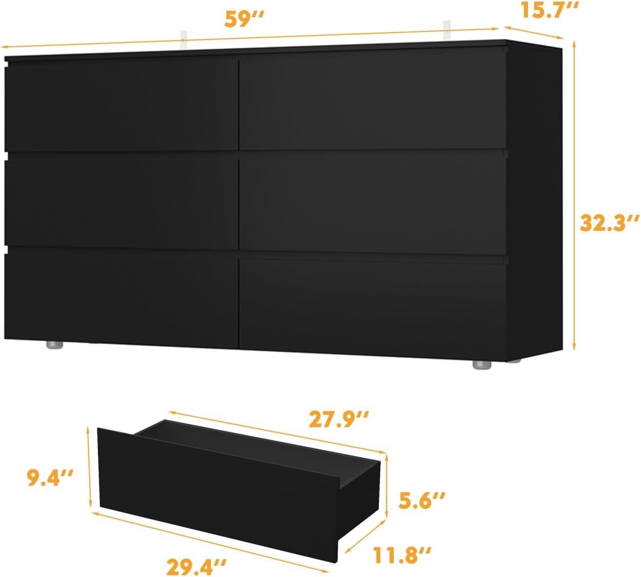 FAMAPY Chest of Drawers Dresser No Handles, 6 Drawer Dresser with Wide Storage, Modern Contemporary 6-Drawer Chest, for Bedroom Black (59”W x 15.7”D x 32.3”H)