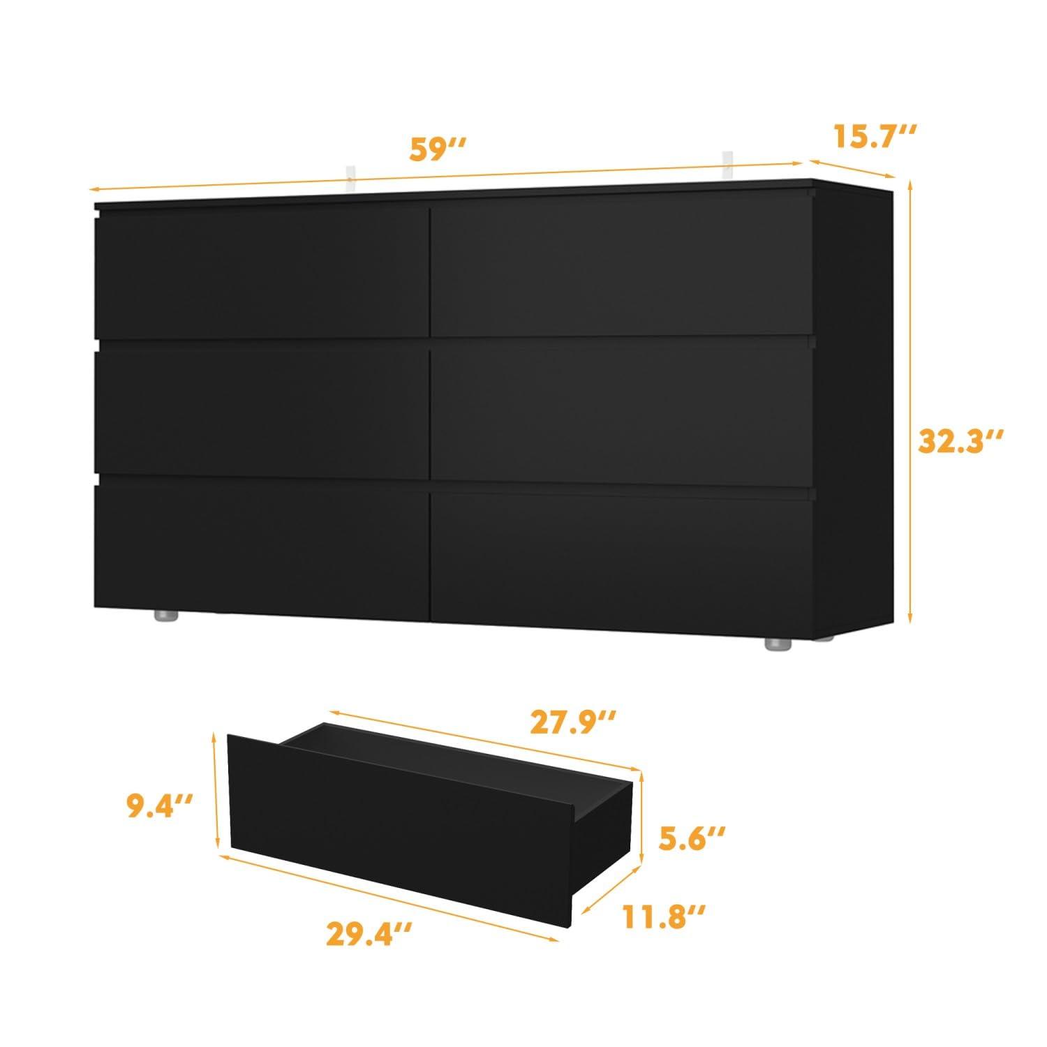 FAMAPY Chest of Drawers Dresser No Handles, 6 Drawer Dresser with Wide Storage, Modern Contemporary 6-Drawer Chest, for Bedroom Black (59”W x 15.7”D x 32.3”H)