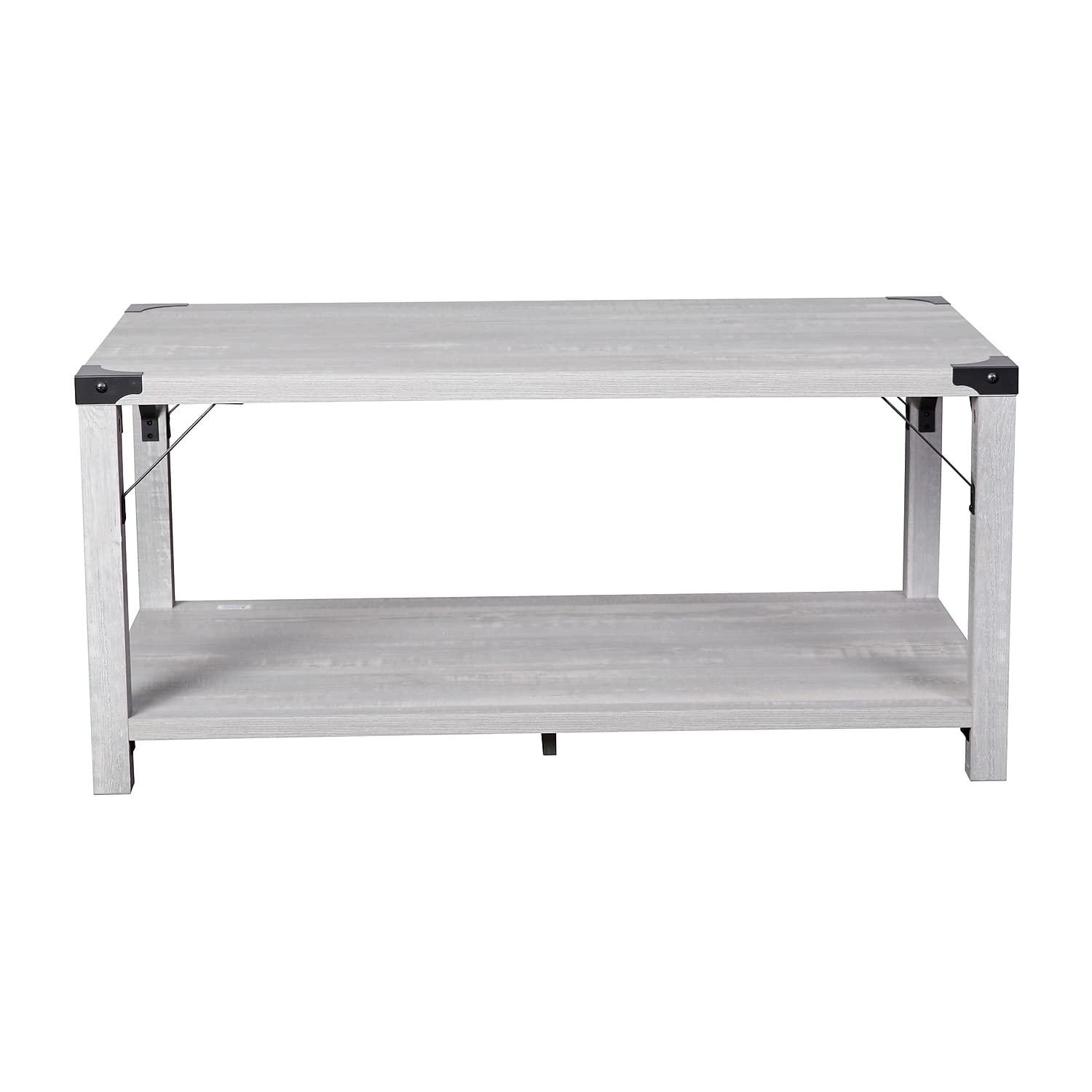 Flash Furniture Wyatt Modern Farmhouse Wooden 2 Tier Coffee Table with Black Metal Corner Accents and Cross Bracing, Aspen Gray