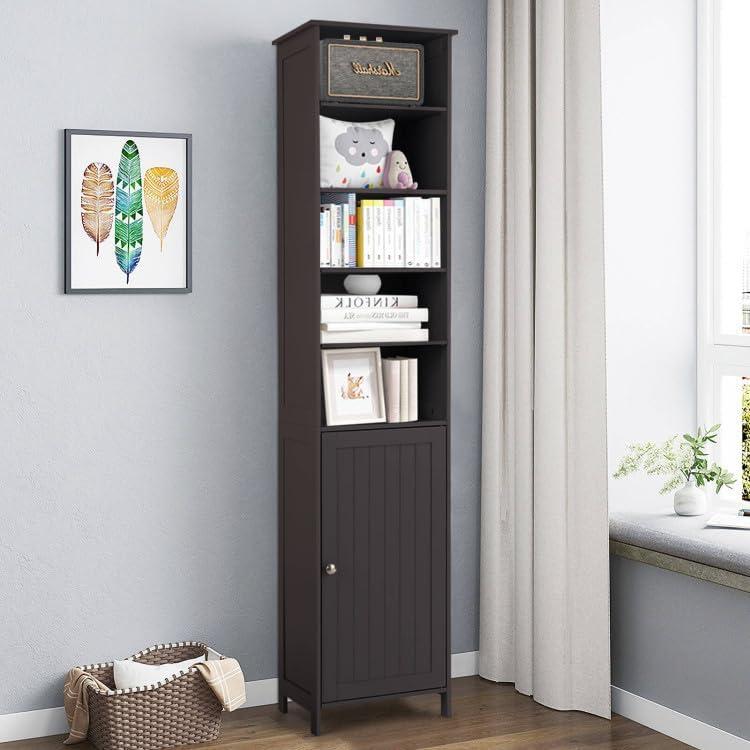 Brown Tall Slim Bathroom Storage Cabinet with Adjustable Shelves