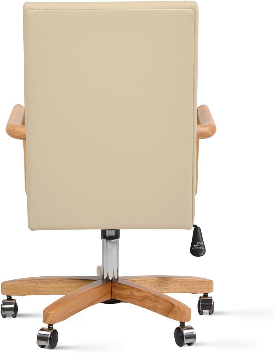 Dumont Modern Farmhouse High Back Executive Home Office Chair, Neutral Cream Beige Leather & Natural Wood