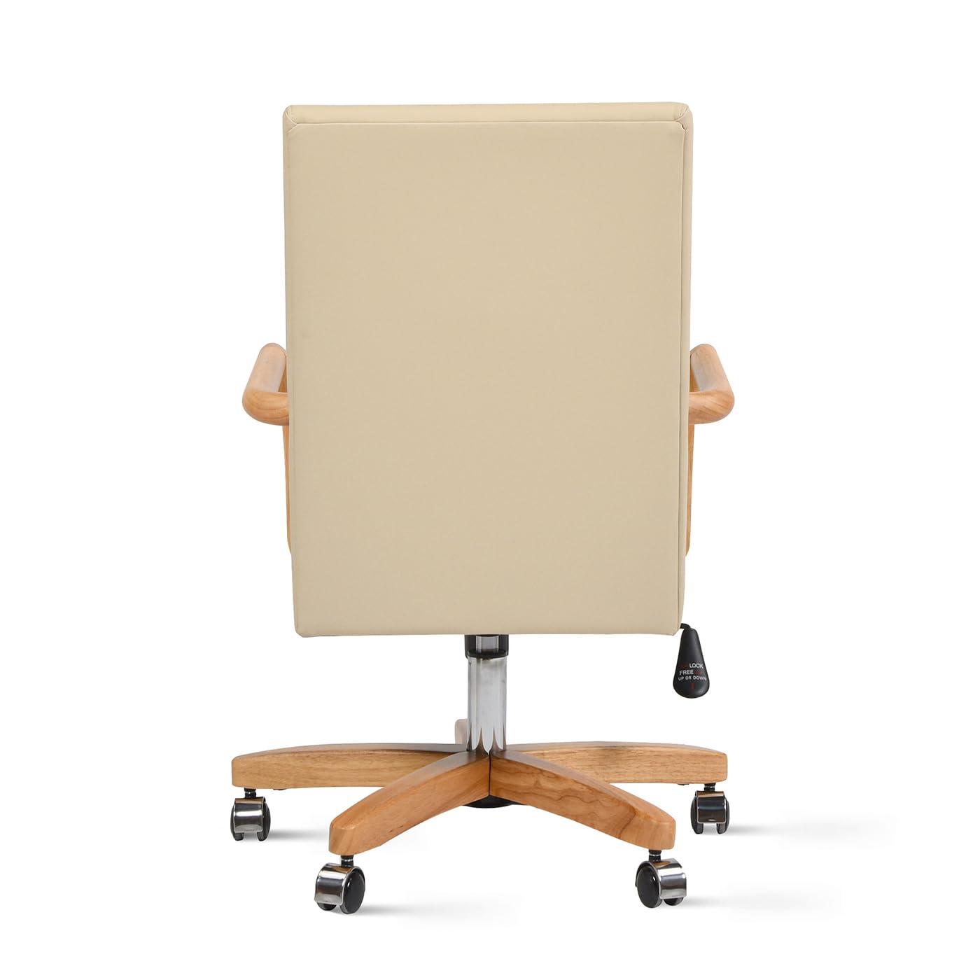 Dumont Modern Farmhouse High Back Executive Home Office Chair, Neutral Cream Beige Leather & Natural Wood