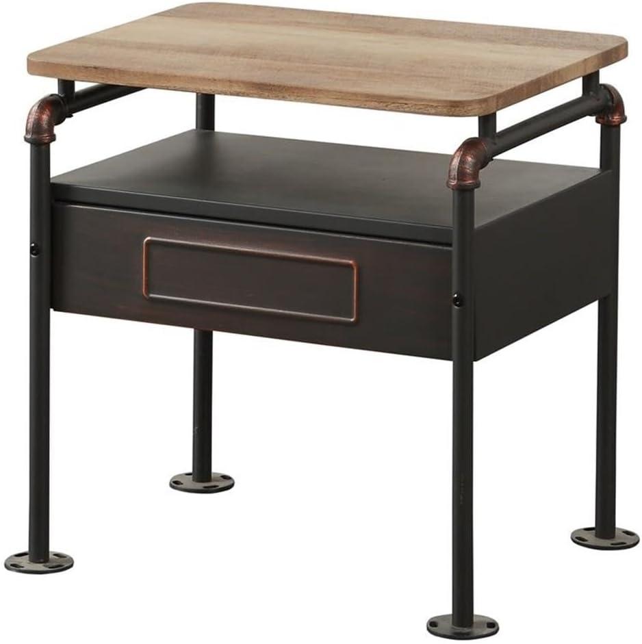 Industrial Oak and Gray Metal Nightstand with Drawer and Shelf