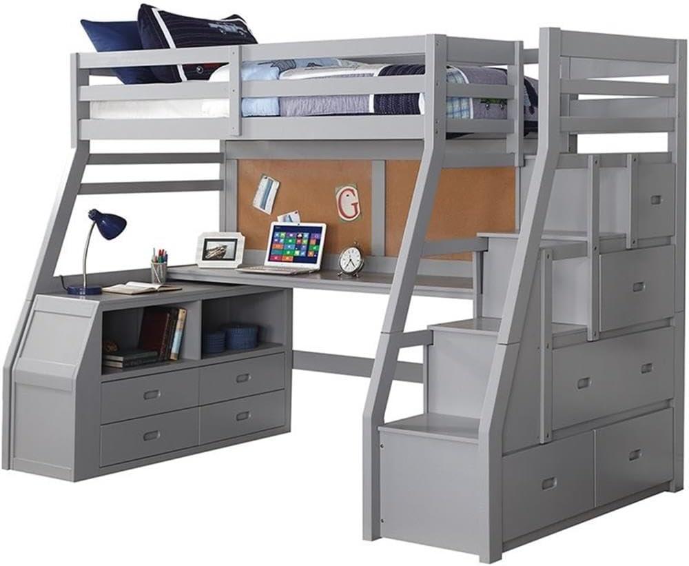 Gray Twin Loft Bed with Storage and Desk