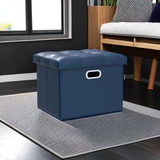 COSYLAND Storage Ottoman 17x13x13in Leather Ottoman Rectangle Footrest Footstool Folding Ottoman for Room Dorm Small Collapsible Bench Seat Organizer Entryway Furniture with Handles Lid Royal Blue