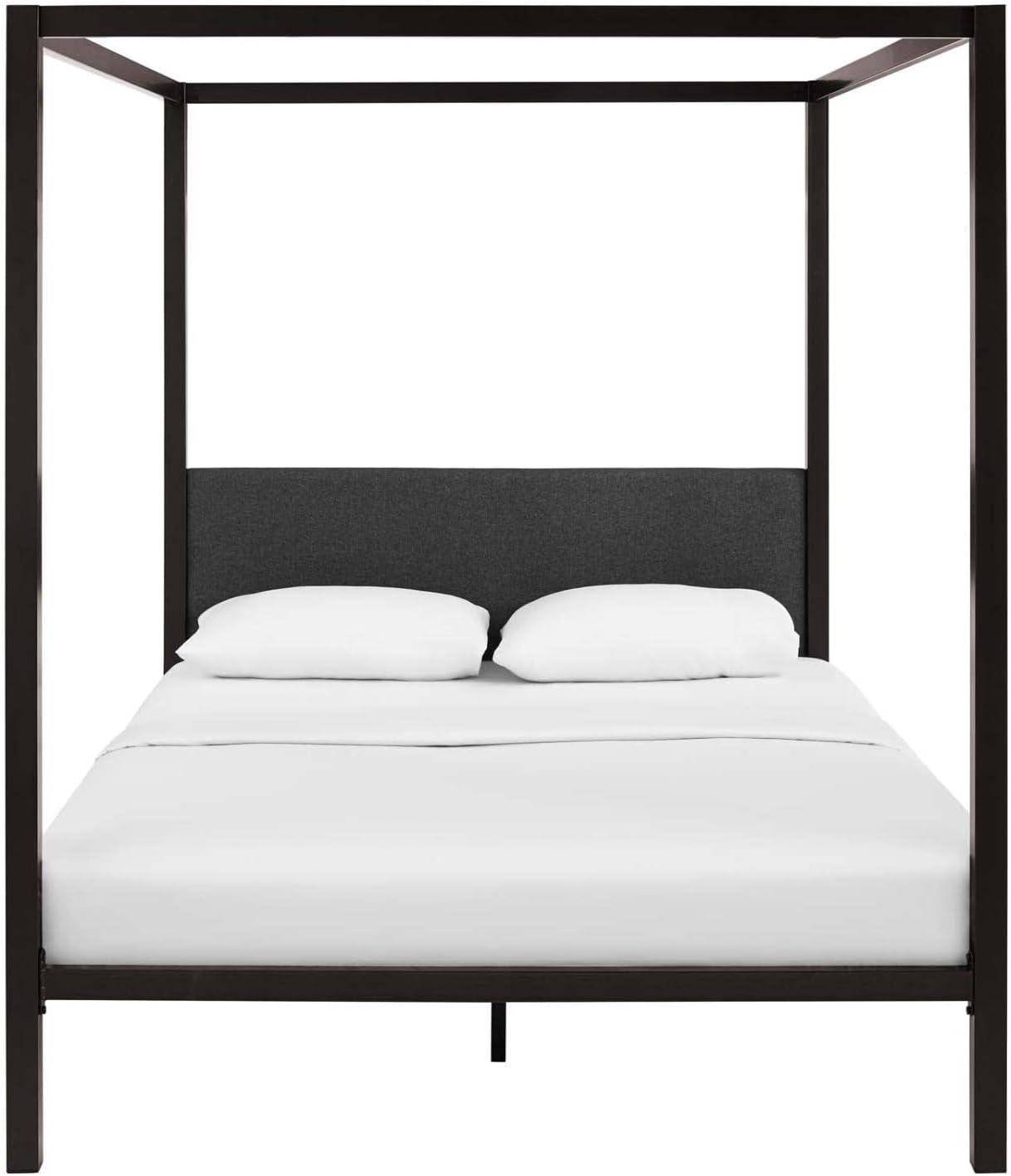 Queen Brown Metal Platform Bed with Wood Headboard and Slats