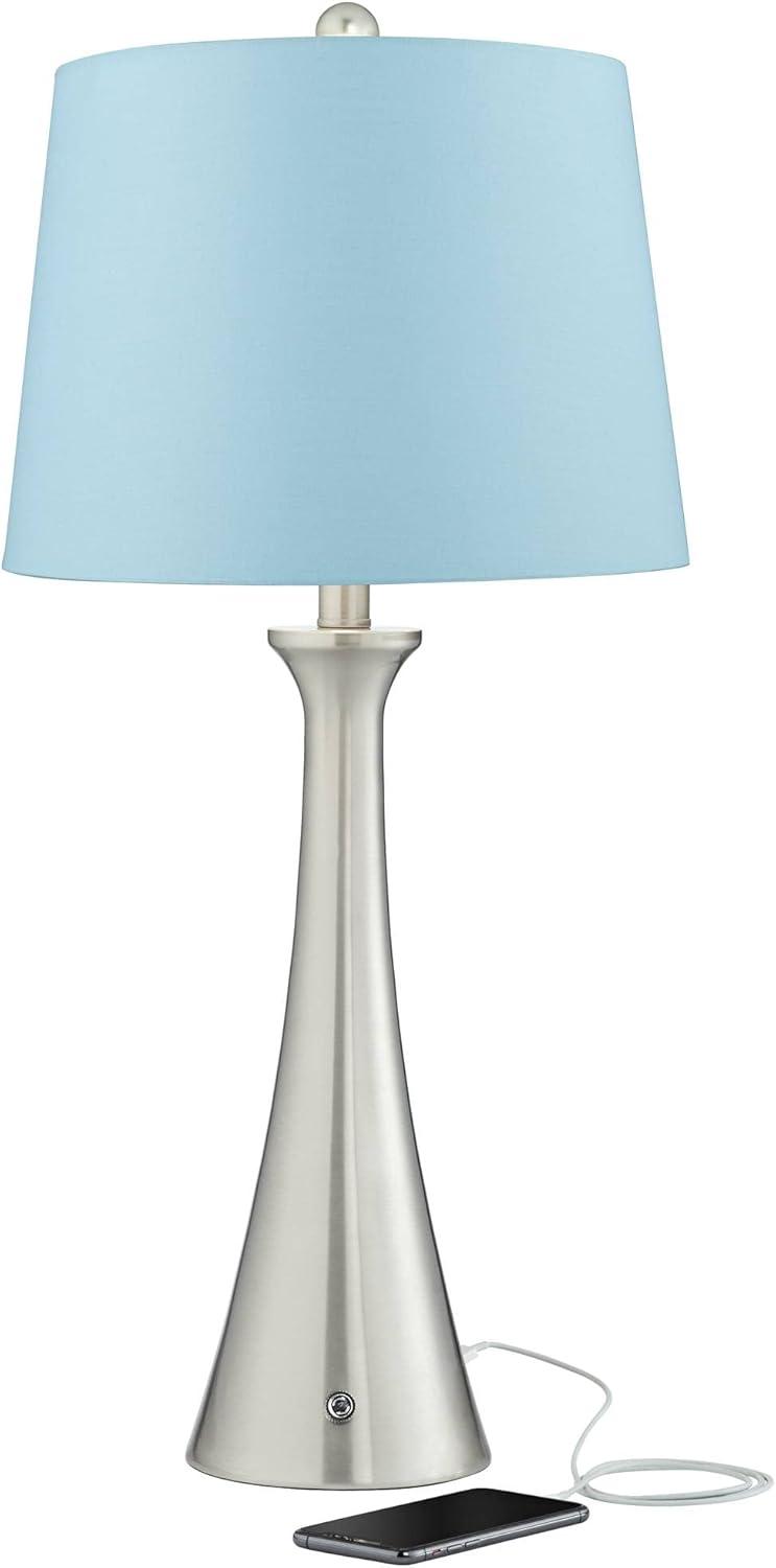 360 Lighting Karl Modern Table Lamps 27 1/2" Tall Set of 2 Brushed Nickel with USB and AC Power Outlet in Base Blue Hardback Drum Shade for Bedroom
