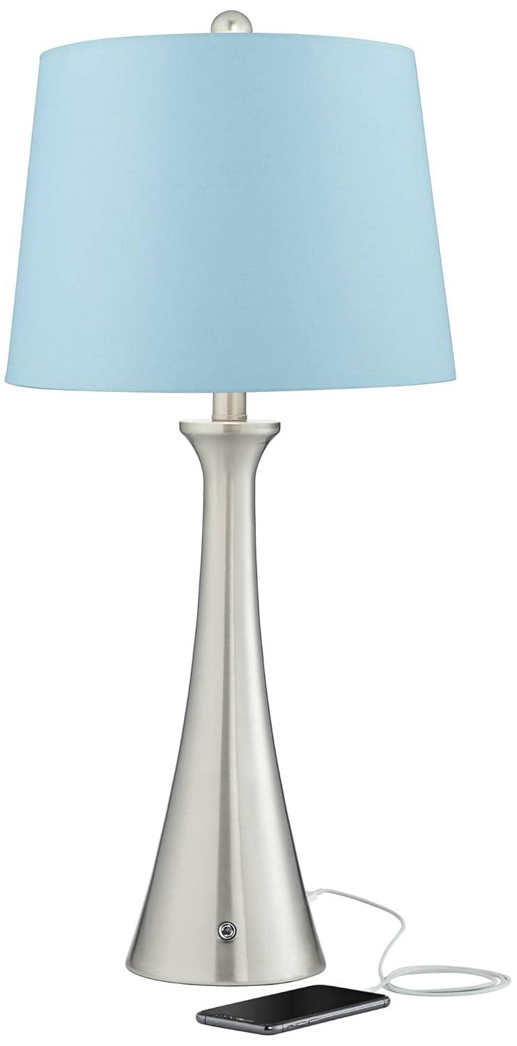 360 Lighting Karl Modern Table Lamps 27 1/2" Tall Set of 2 Brushed Nickel with USB and AC Power Outlet in Base Blue Hardback Drum Shade for Bedroom
