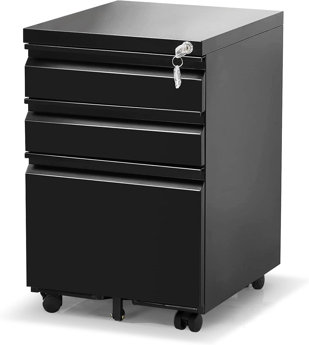 MIIIKO File Cabinet 3 Drawers on Wheels Under Desk, Black Metal Rolling File Cabinets with Lock for Home Office, Un-Assembled Filing Cabinet with Lock