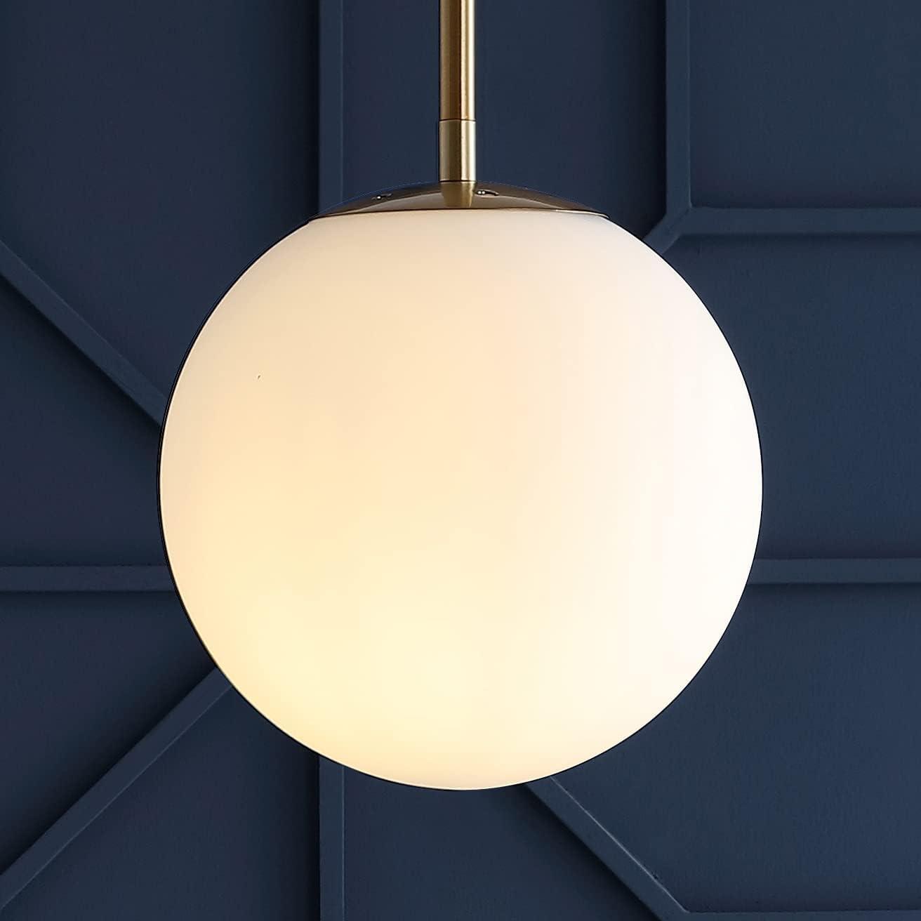 Bleecker 7.75" Metal/Glass Globe LED Pendant, White/Brass