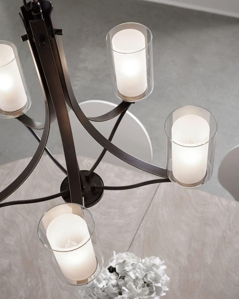 Elmwood Park 5-Light Bronze Modern Transitional Hanging Candlestick Chandelier with Satin Etched Glass Shades