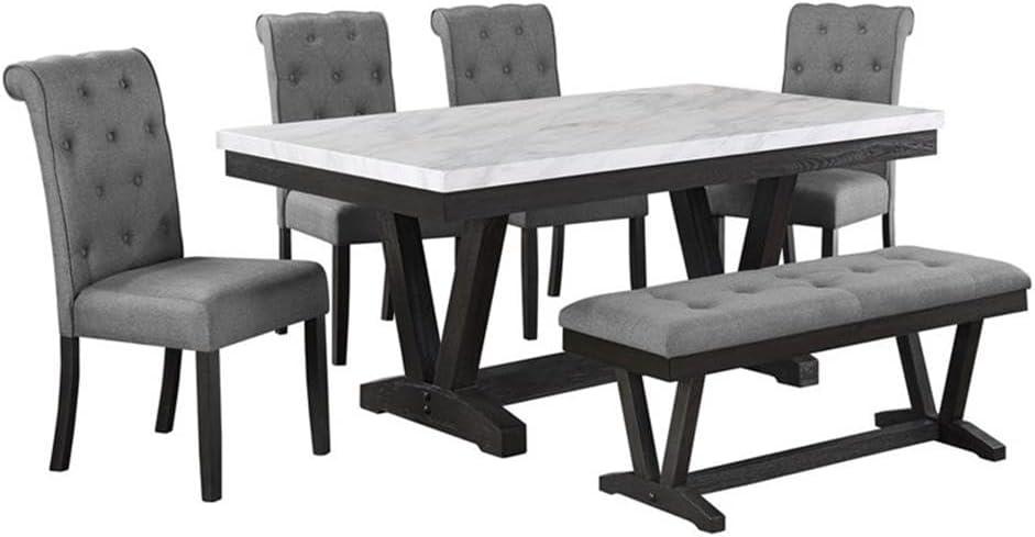 Transitional Weathered Gray Wood Dining Table with Faux Marble Top