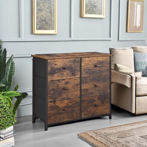 Rustic Brown and Black 6-Drawer Fabric Dresser with Metal Frame