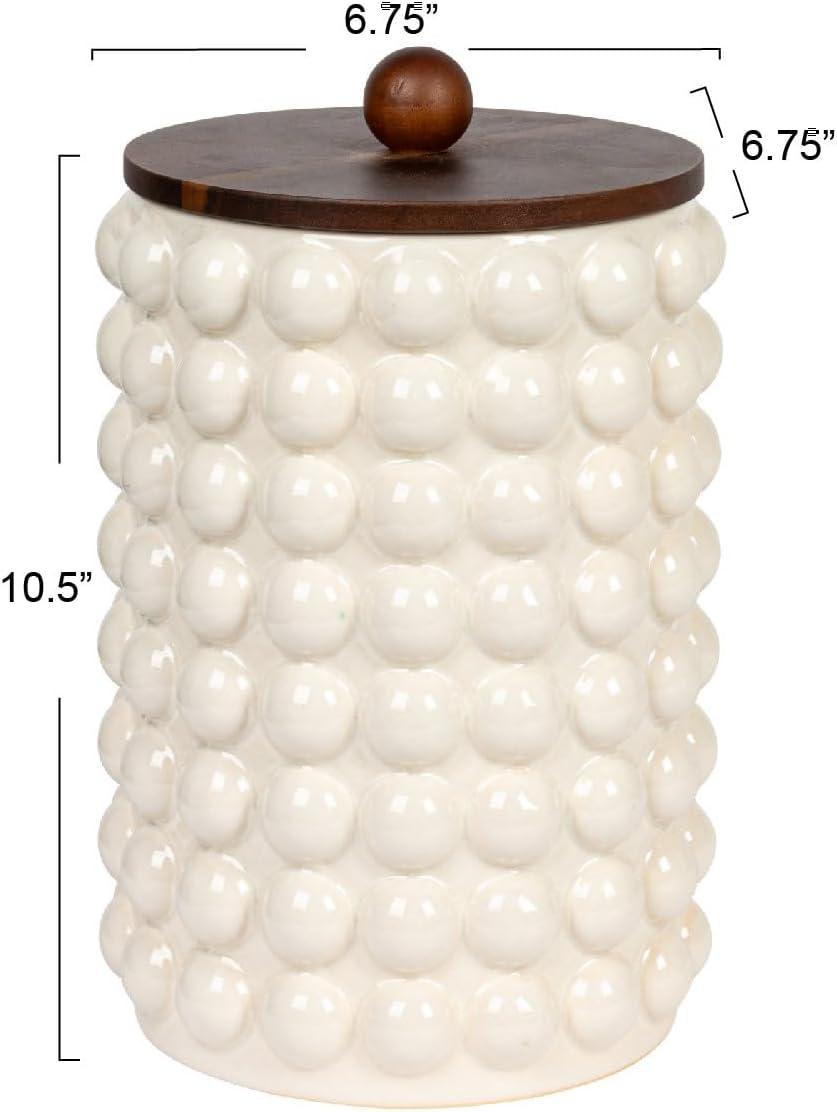 White Ceramic Canister with Acacia Wood Lid, 10.63"