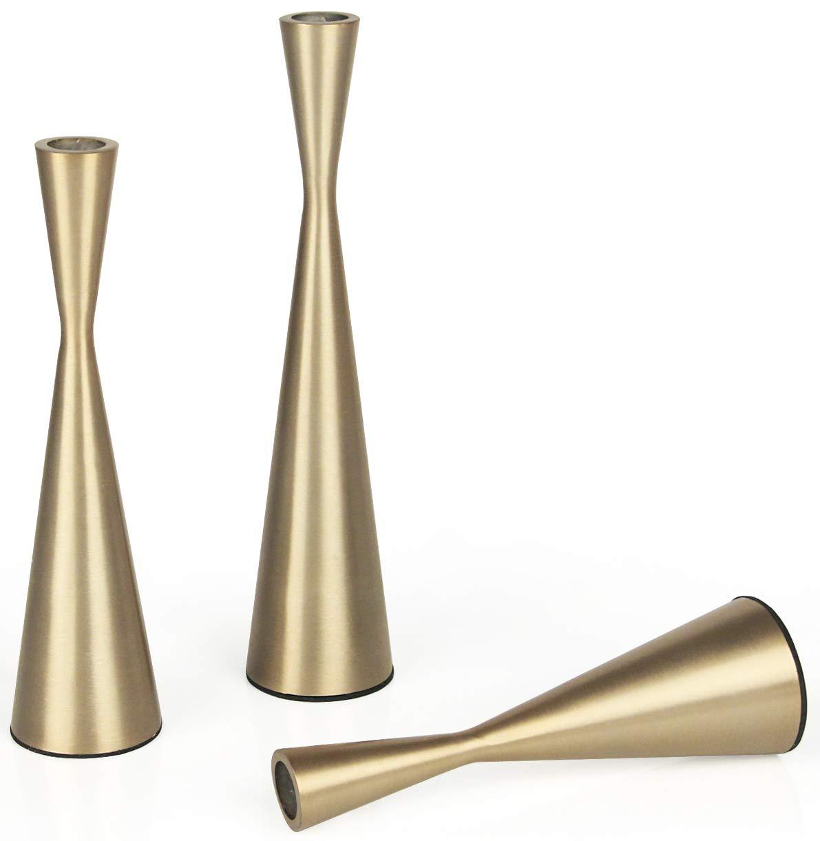 Vixdonos Brass Gold Taper Candle Holders Metal Candlestick Holders Set of 3 Table Mantel Decorative Candle Stand for Dinning,Party，Wedding,Home Decor(Brass Gold)