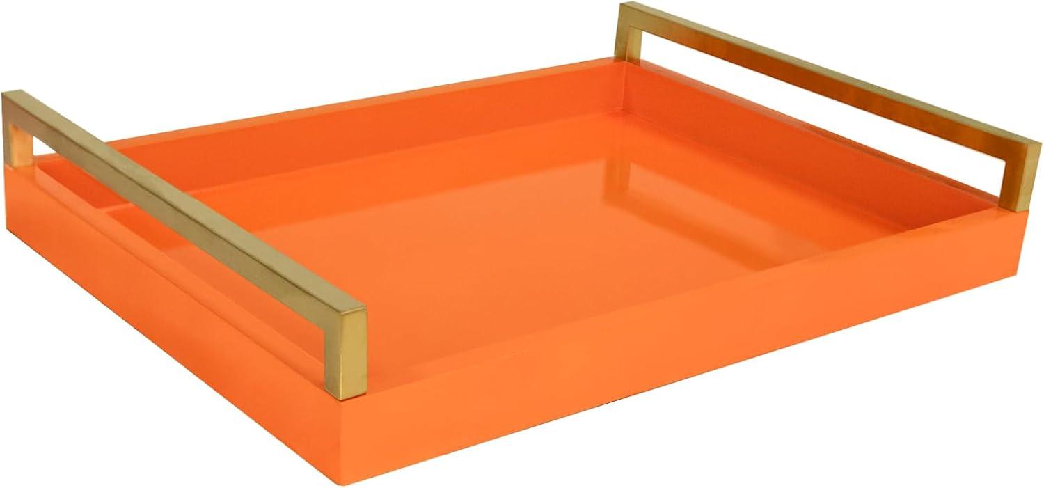 Orange Plastic Square Serving Tray with Handles and Gold Trim