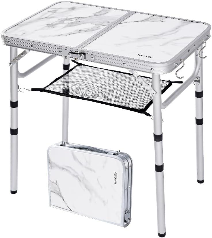 Small Folding Table with Mesh Layer, 3 Adjustable Heights Aluminum Lightweight Portable Folding Table with Extension Legs, Camping Table for RV, Picnic and Indoor