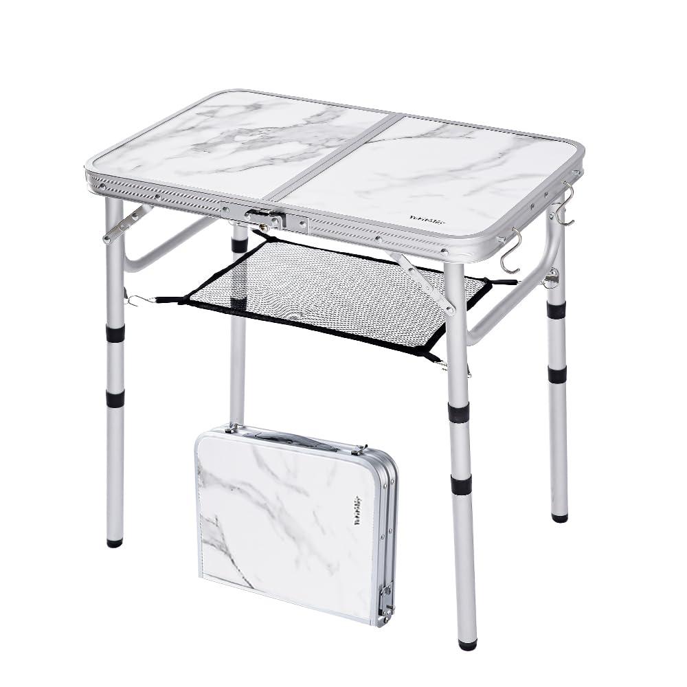 Small Folding Table with Mesh Layer, 3 Adjustable Heights Aluminum Lightweight Portable Folding Table with Extension Legs, Camping Table for RV, Picnic and Indoor