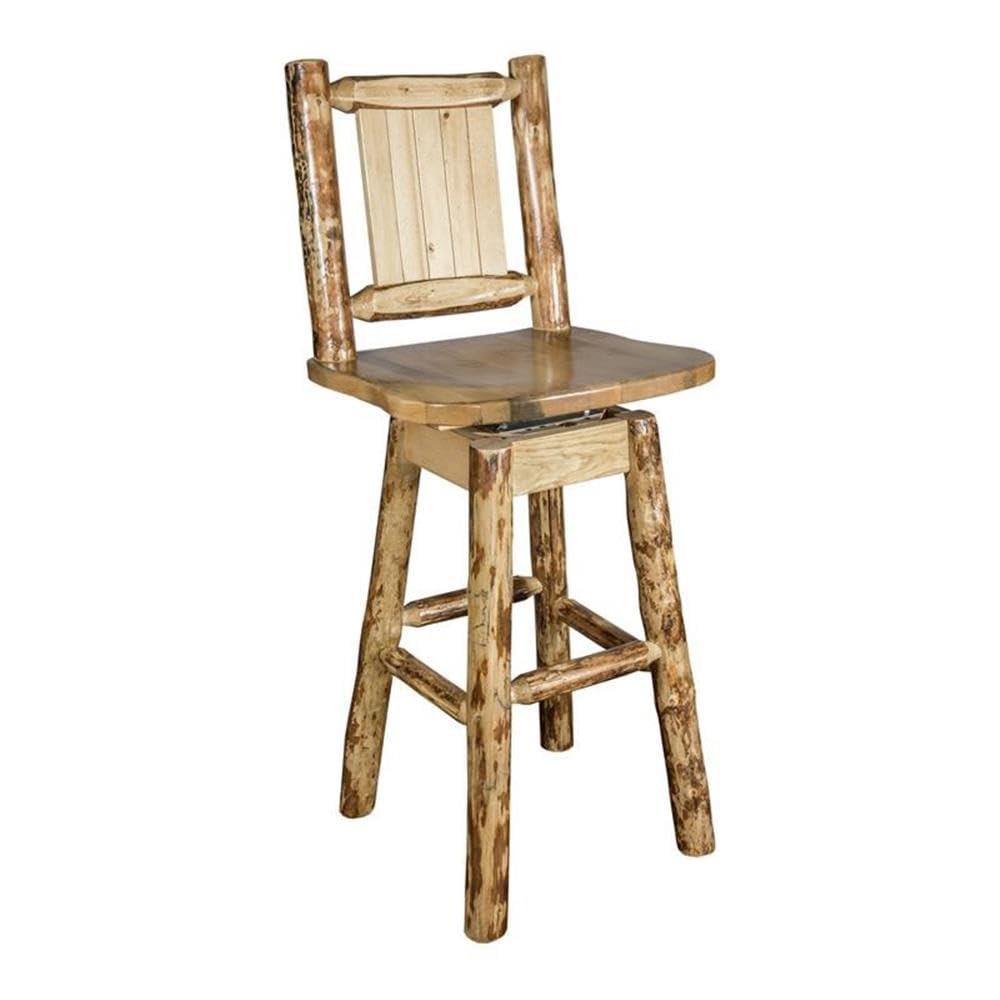Rustic Lodge Pole Pine Swivel Barstool with Laser-Engraved Wolf