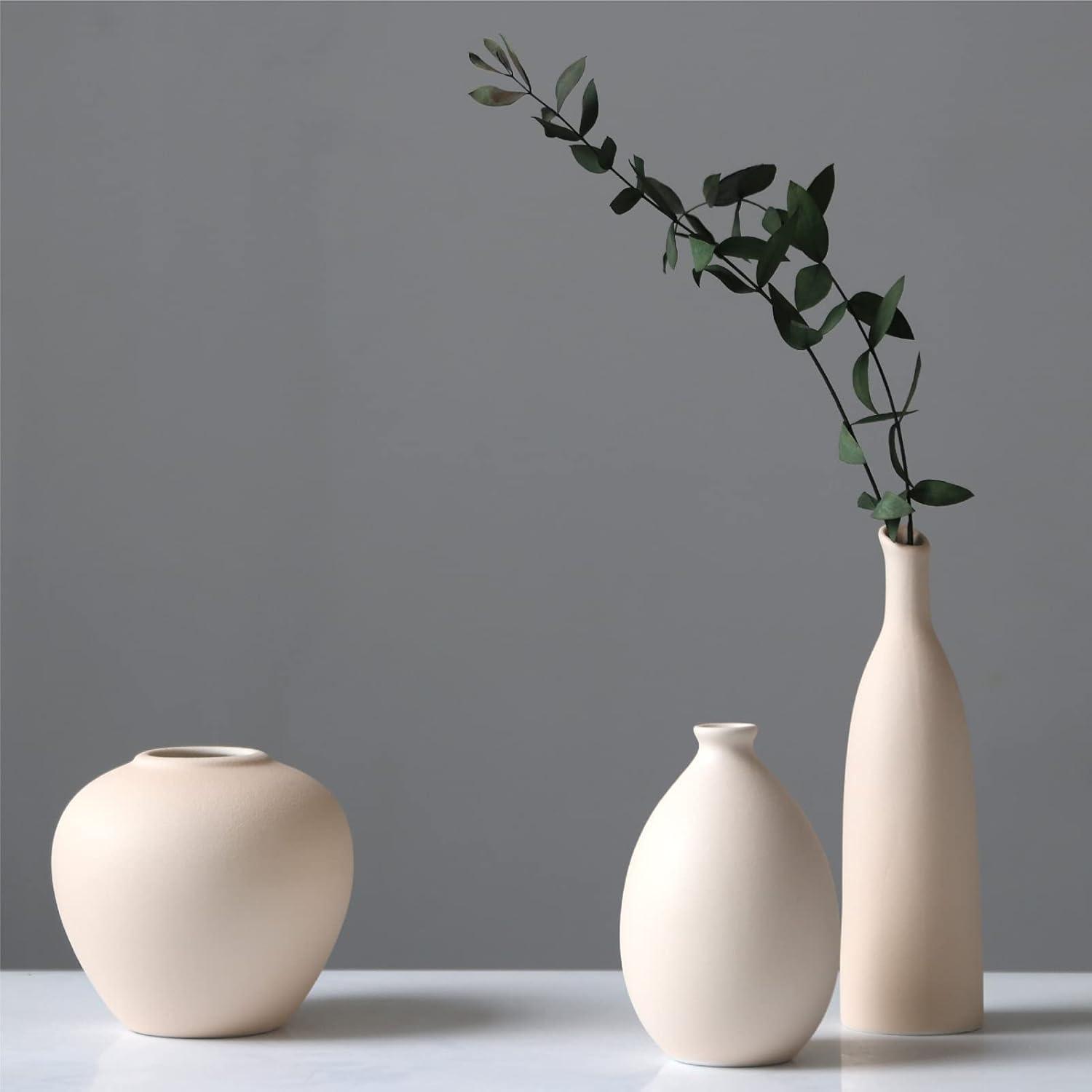 Abbittar Ceramic Vase Set of 3, Minimalist Flower Vase for Rustic, Modern Farmhouse, Living Room, Shelf, Table, Bookshelf, Mantel and Entryway Decor - Beige