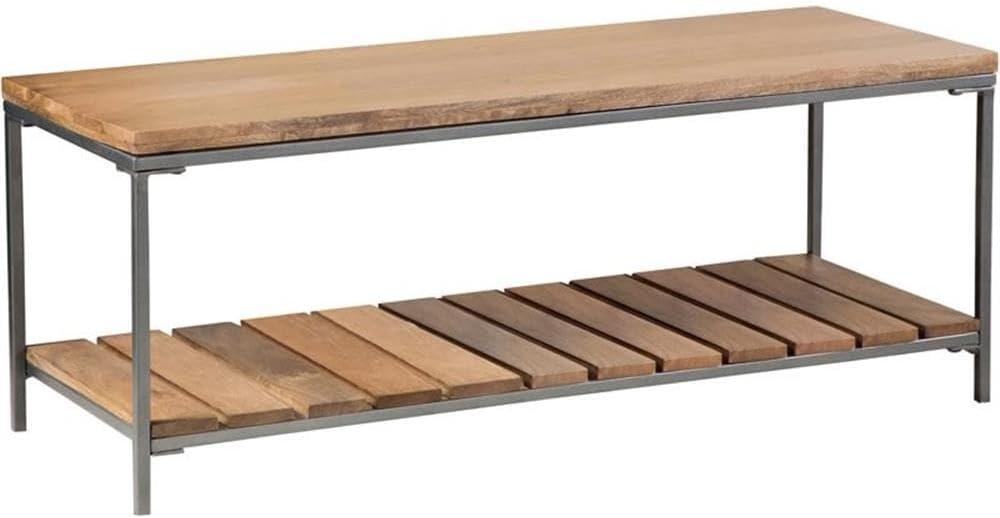 Natural Wood and Gunmetal Industrial Bench with Slat Shelf