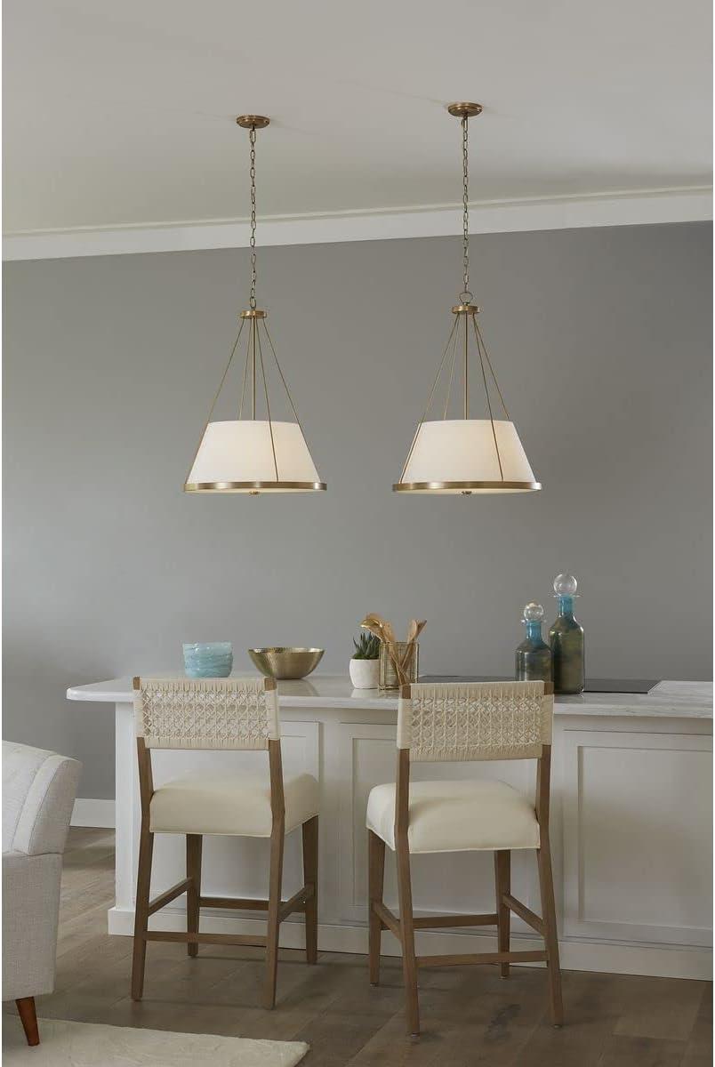 Progress Lighting Saffert 3-Light Pendant, Vintage Brass, White Linen Shade