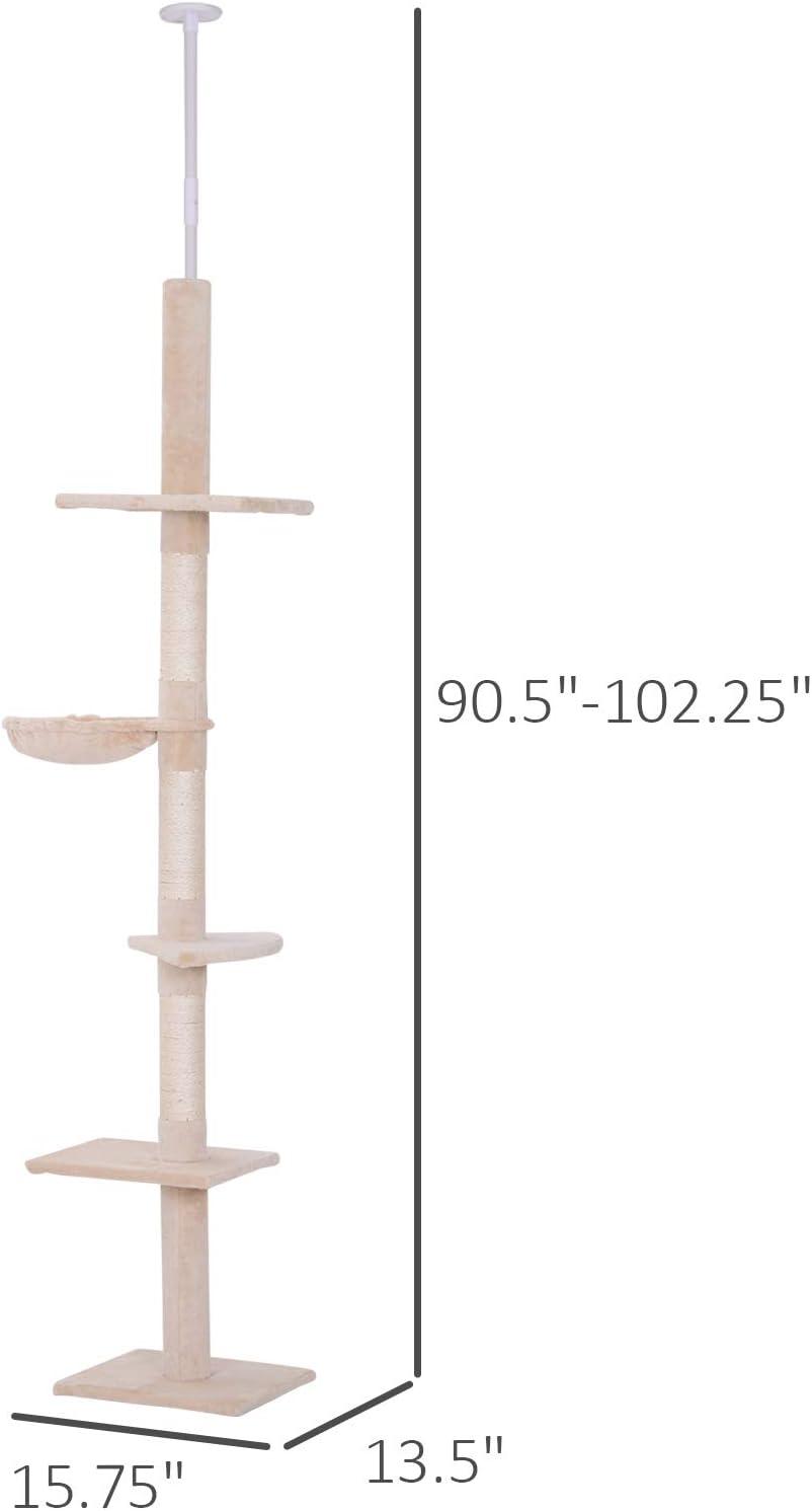 PawHut 9' Adjustable Height Floor-To-Ceiling Vertical Cat Tree - Beige and White