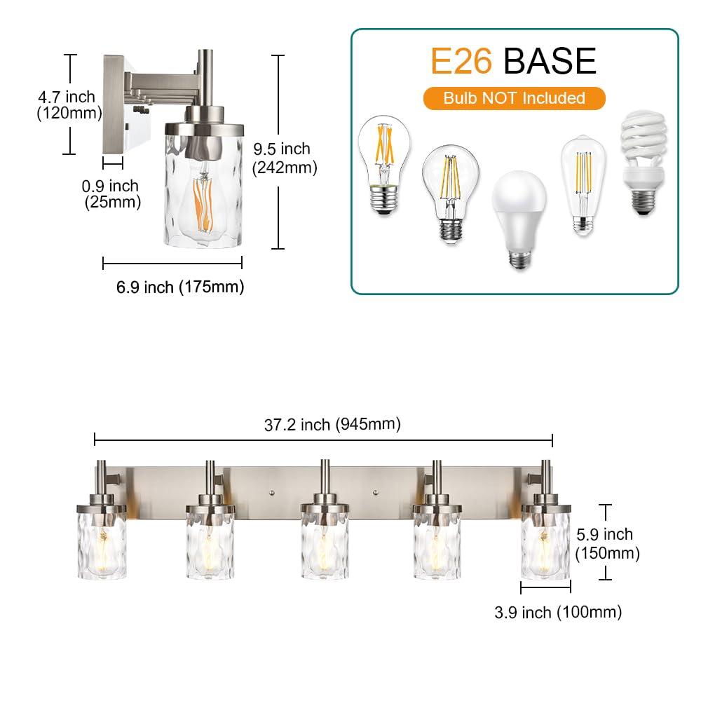 BONLICHT Transitional Vanity Lighting Fixtures Brushed Nickel with Clear Hammered Glass Shade,Farmhouse 5 Light Bathroom Lights Wall Sconces Contemporary Indoor Wall Mount Lights for Kitchen Sink