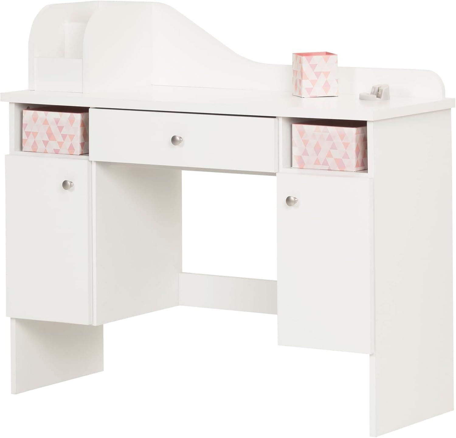 Vito Kids' Makeup Desk with Drawer Pure White/Pink - South Shore: Modern Vanity Table for Teens, Wood Laminate Frame