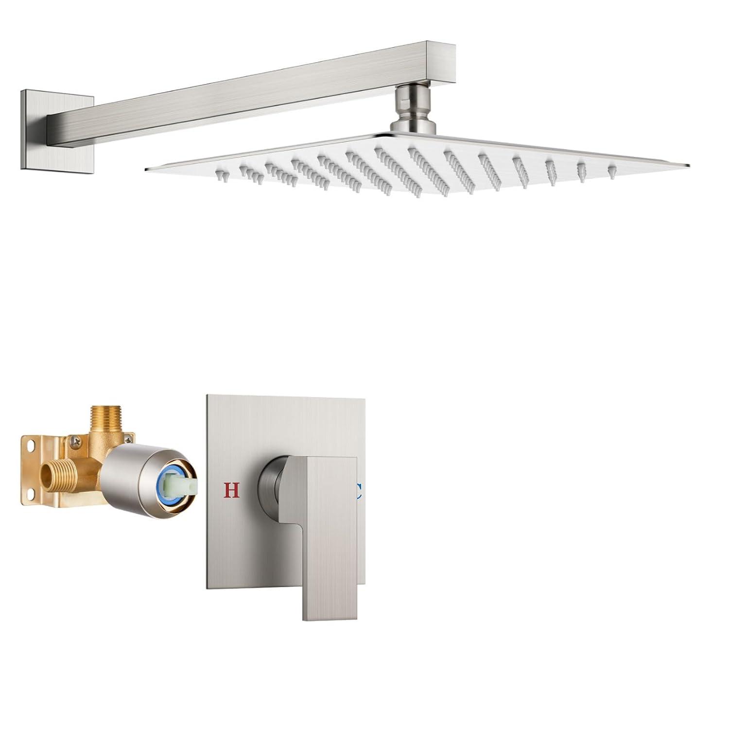 AWZTOO 10 Inch Wall Mount Shower System WIth Rough-in Valve Bathroom Shower Faucet Modern Rainfall Shower Head Combo Set Brushed Nickel Brushed,