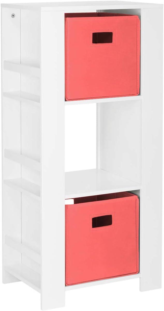 RiverRidge Home RiverRidge Book Nook Kids Bookshelf and Toy Organizer Tower with 3 Cubbies and 6 Bookracks for Playroom, Nursery, and Reading Nook - White with 2 Fabric Bins