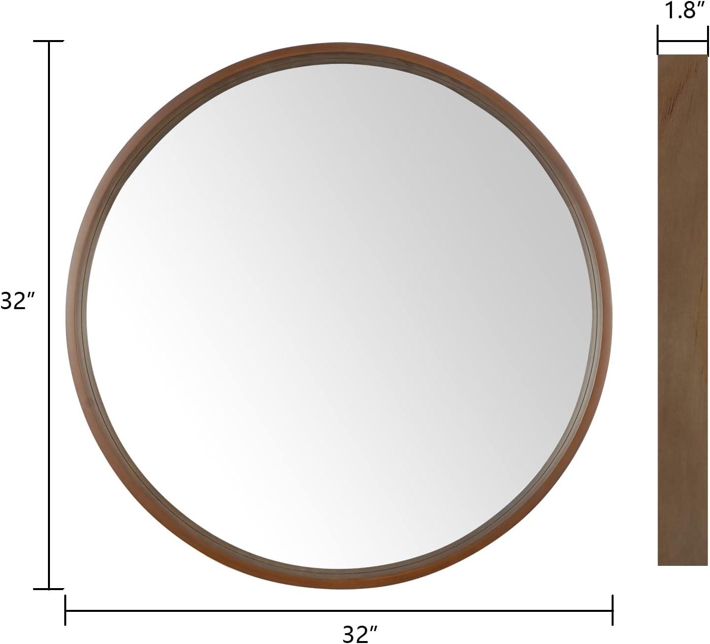 Walnut Round Pine Wood Mirror, 32" Diameter