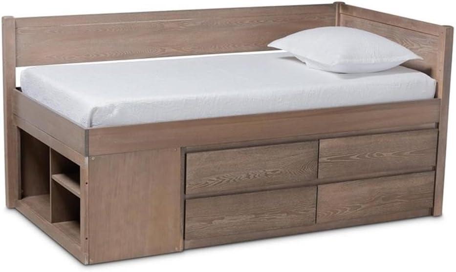 Twin 4 Drawer Levon Wood Storage Bed Antique Oak - Baxton Studio: MDF Frame, No Box Spring Needed